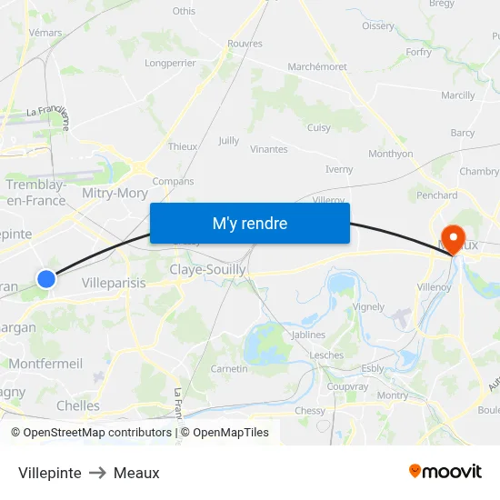 Villepinte to Meaux map