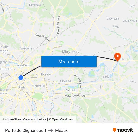 Porte de Clignancourt to Meaux map