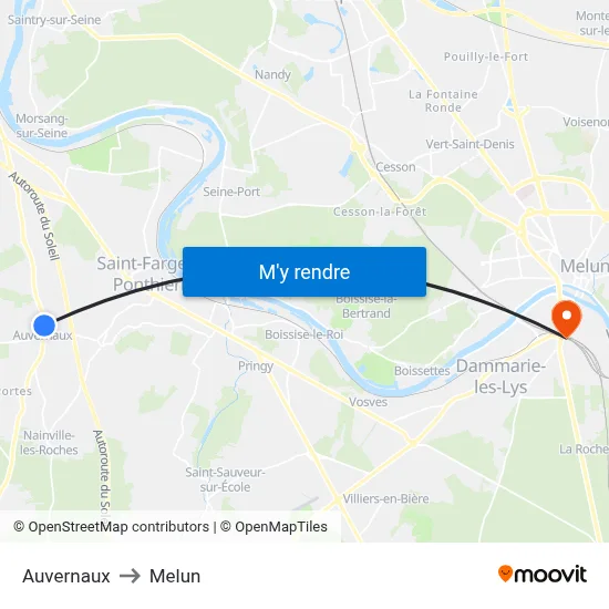 Auvernaux to Melun map