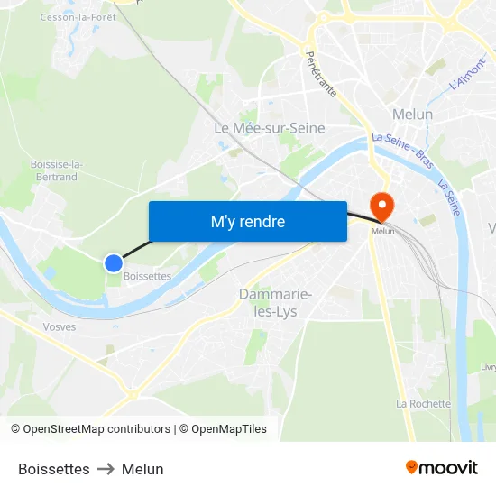 Boissettes to Melun map