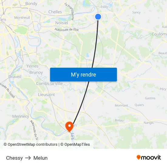 Chessy to Melun map