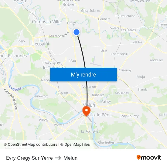 Evry-Gregy-Sur-Yerre to Melun map