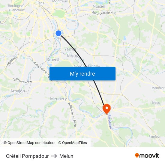 Créteil Pompadour to Melun map