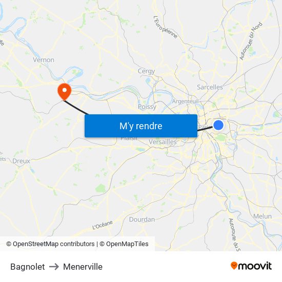 Bagnolet to Menerville map