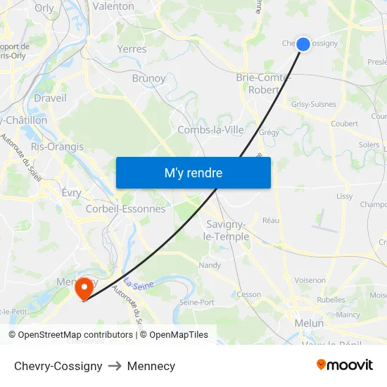 Chevry-Cossigny to Mennecy map
