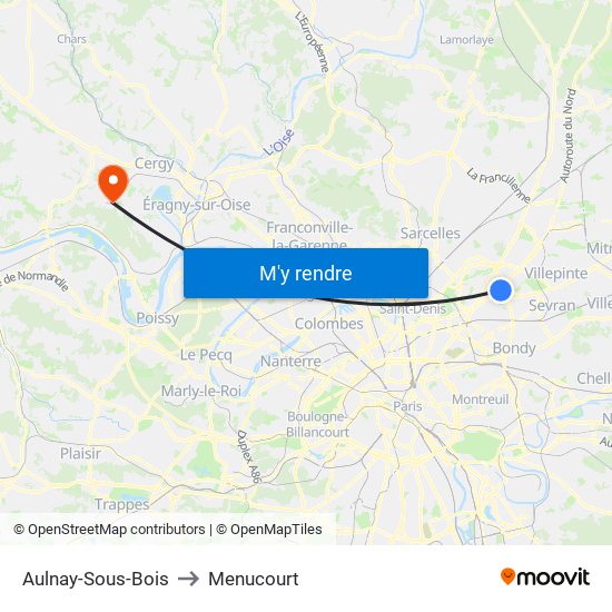 Aulnay-Sous-Bois to Menucourt map