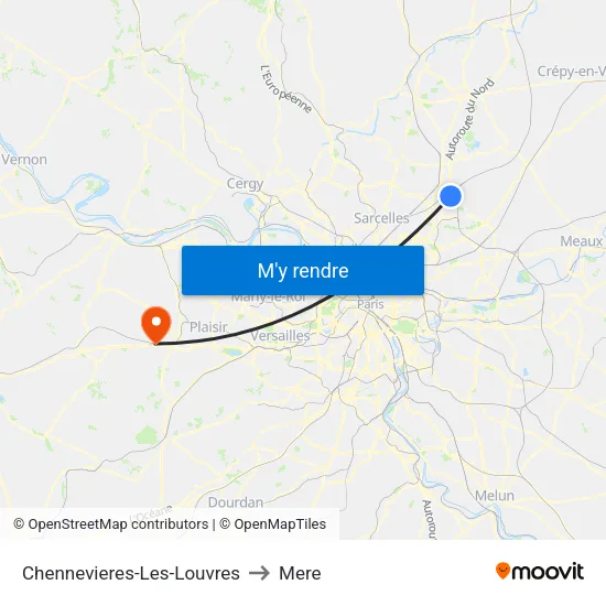 Chennevieres-Les-Louvres to Mere map