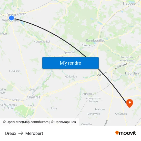 Dreux to Merobert map