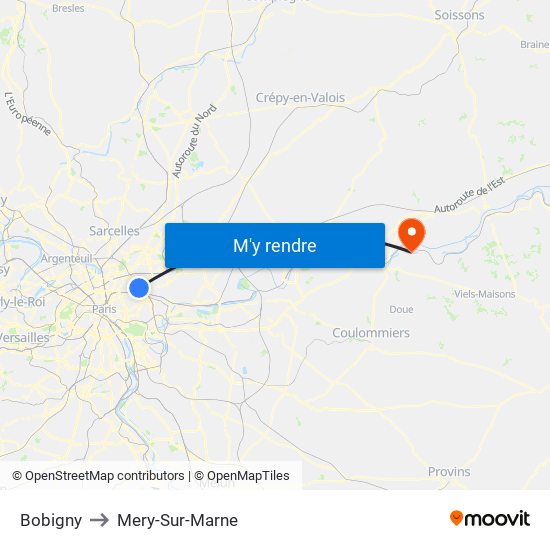 Bobigny to Mery-Sur-Marne map