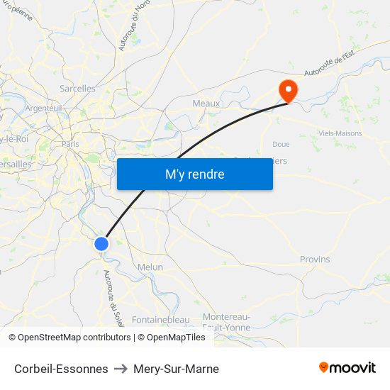 Corbeil-Essonnes to Mery-Sur-Marne map