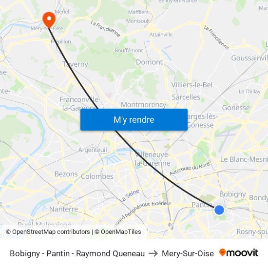 Bobigny - Pantin - Raymond Queneau to Mery-Sur-Oise map