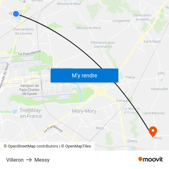 Villeron to Messy map