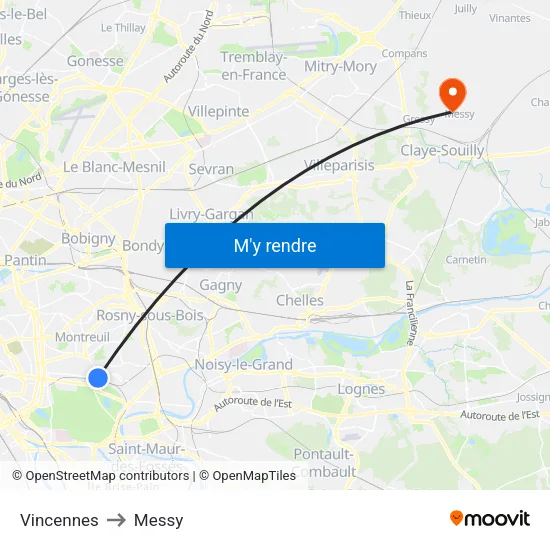 Vincennes to Messy map