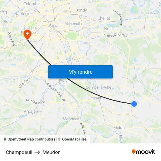 Champdeuil to Meudon map