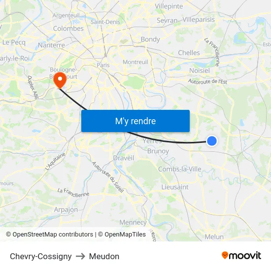 Chevry-Cossigny to Meudon map