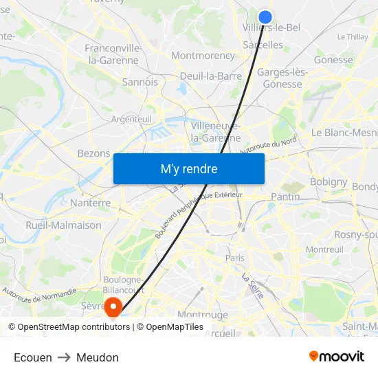 Ecouen to Meudon map