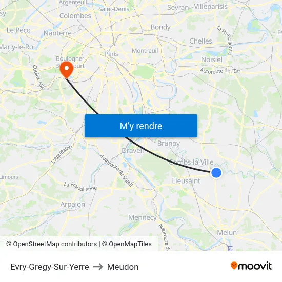 Evry-Gregy-Sur-Yerre to Meudon map