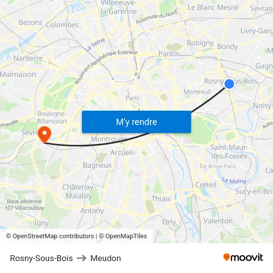 Rosny-Sous-Bois to Meudon map