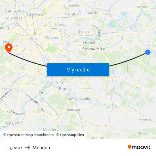 Tigeaux to Meudon map
