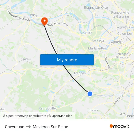 Chevreuse to Mezieres-Sur-Seine map