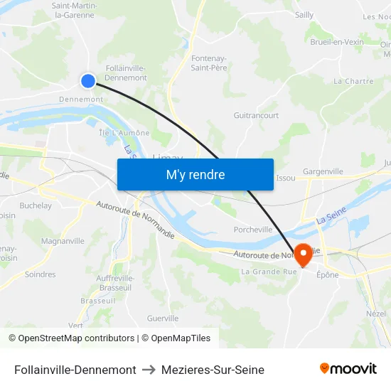 Follainville-Dennemont to Mezieres-Sur-Seine map