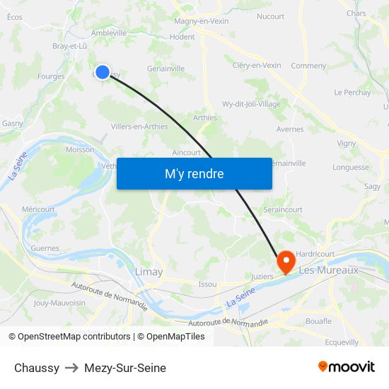 Chaussy to Mezy-Sur-Seine map