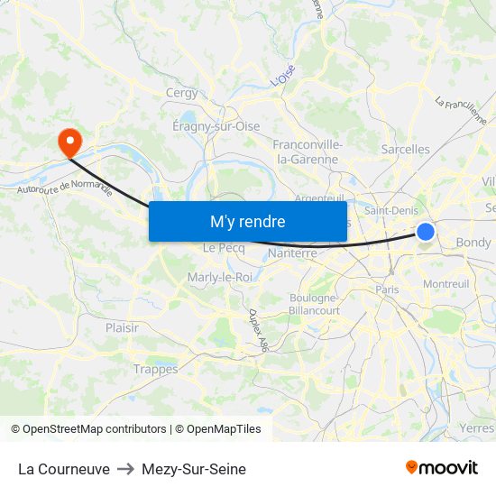 La Courneuve to Mezy-Sur-Seine map