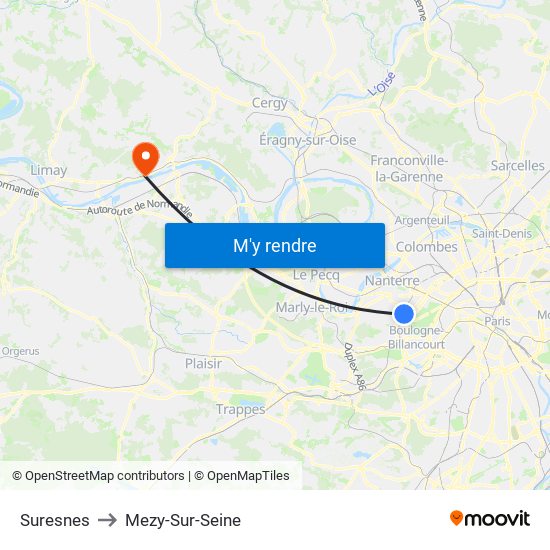 Suresnes to Mezy-Sur-Seine map