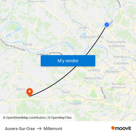 Auvers-Sur-Oise to Millemont map