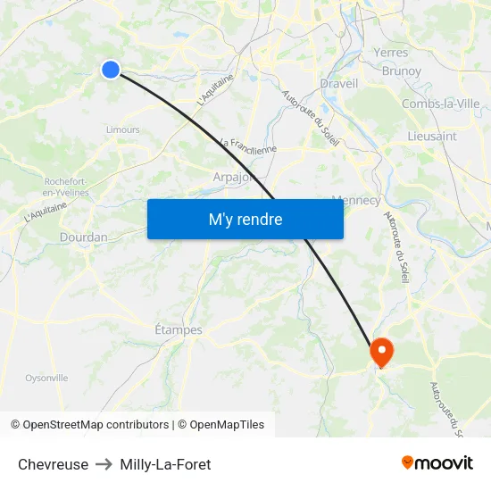 Chevreuse to Milly-La-Foret map