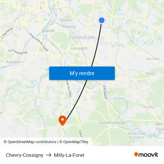 Chevry-Cossigny to Milly-La-Foret map