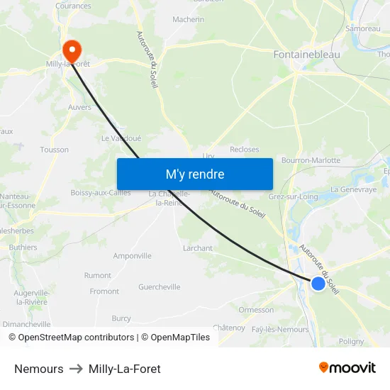Nemours to Milly-La-Foret map