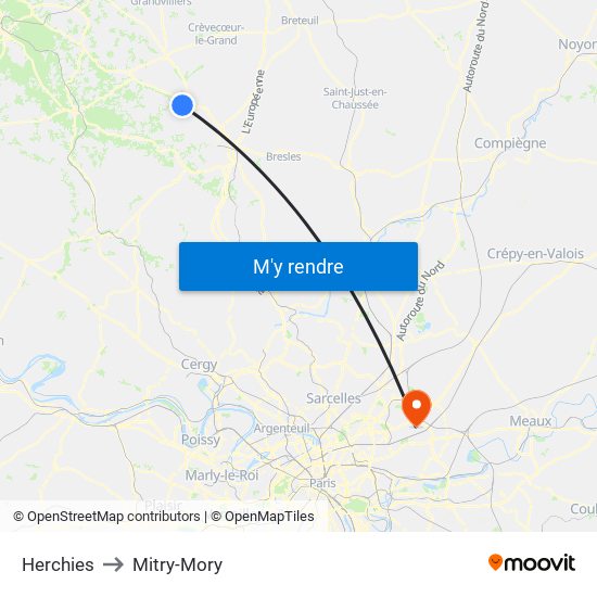 Herchies to Mitry-Mory map