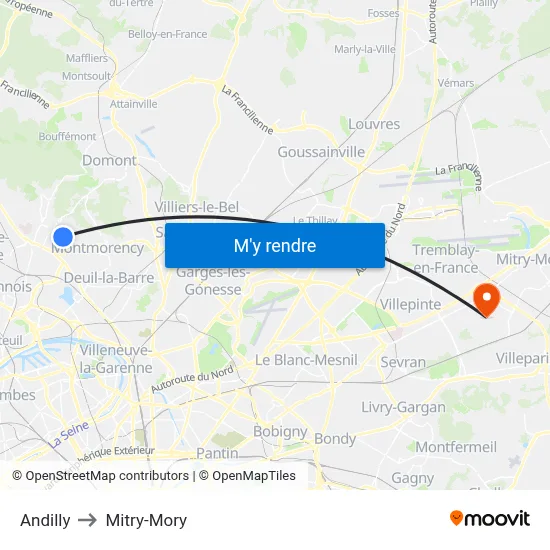 Andilly to Mitry-Mory map