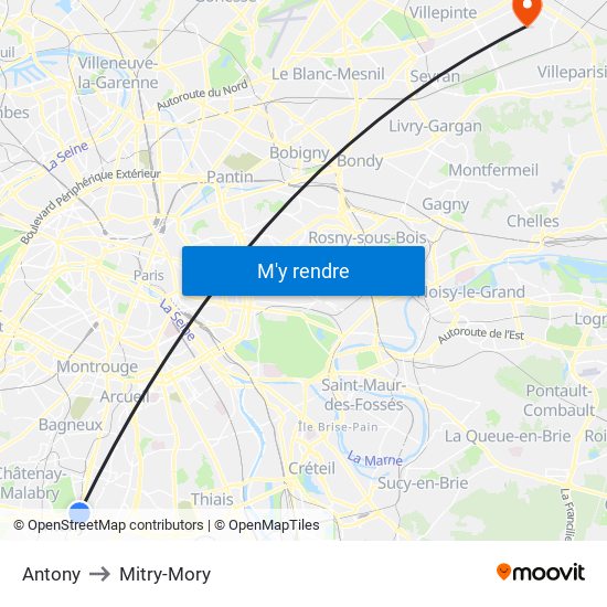 Antony to Mitry-Mory map