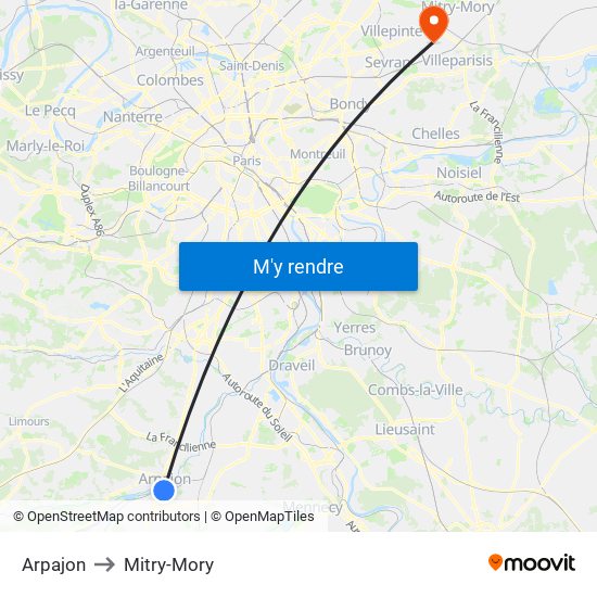 Arpajon to Mitry-Mory map