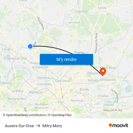 Auvers-Sur-Oise to Mitry-Mory map