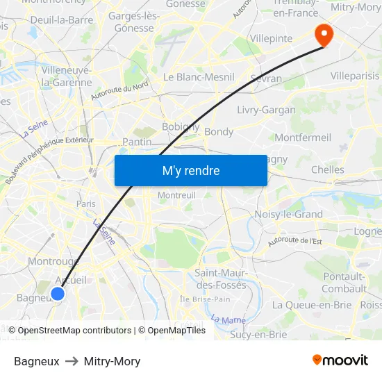 Bagneux to Mitry-Mory map