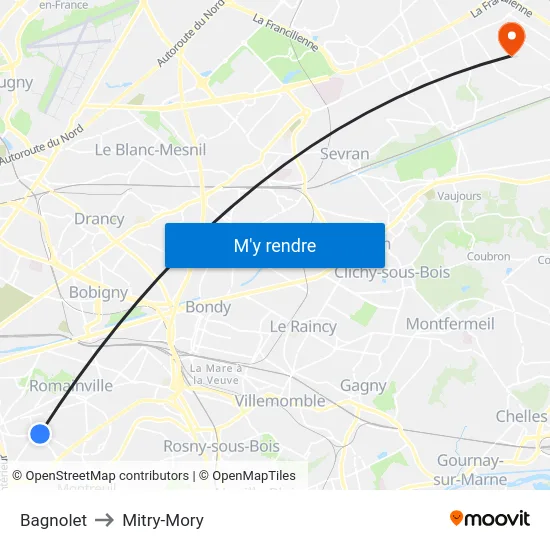 Bagnolet to Mitry-Mory map