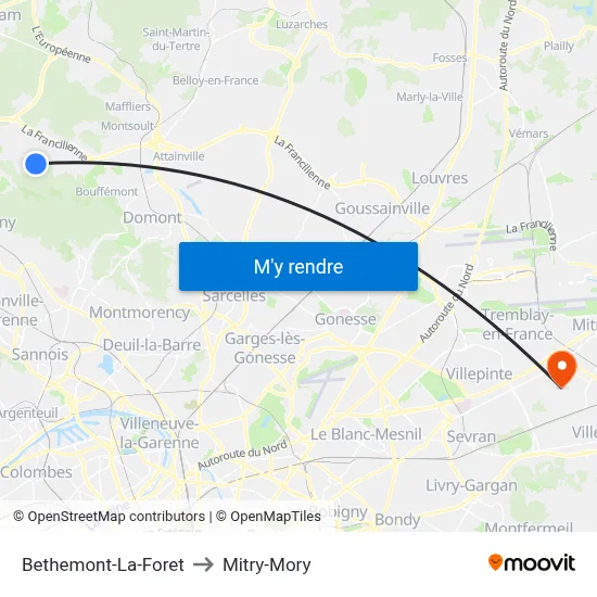 Bethemont-La-Foret to Mitry-Mory map