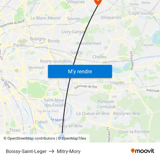 Boissy-Saint-Leger to Mitry-Mory map