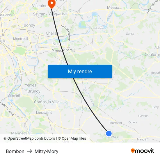 Bombon to Mitry-Mory map