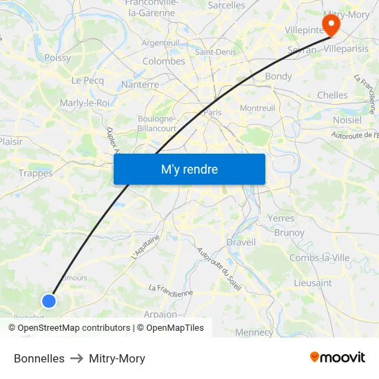 Bonnelles to Mitry-Mory map
