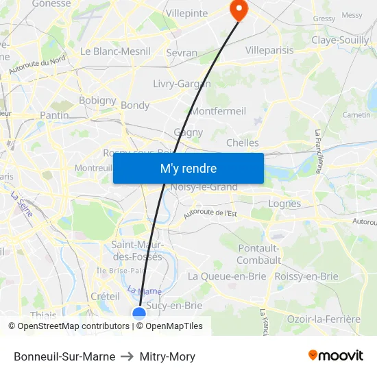 Bonneuil-Sur-Marne to Mitry-Mory map