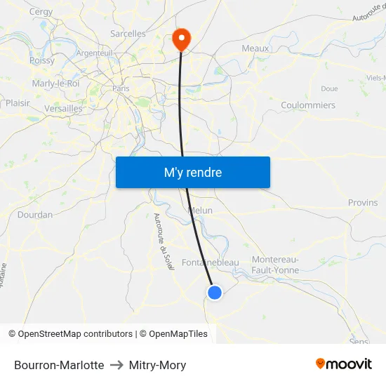 Bourron-Marlotte to Mitry-Mory map