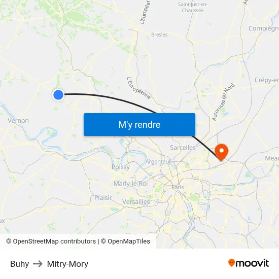 Buhy to Mitry-Mory map