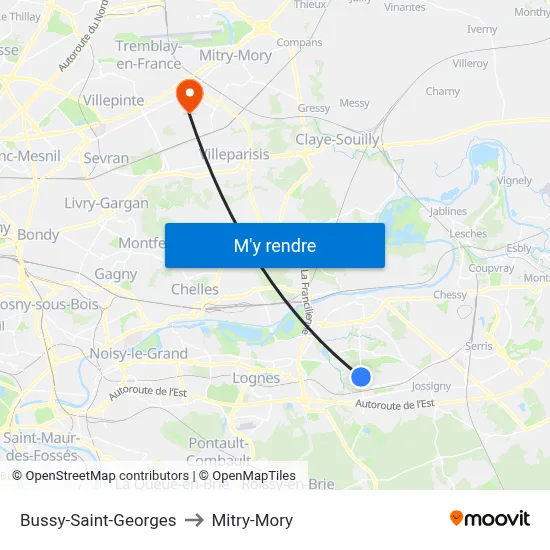 Bussy-Saint-Georges to Mitry-Mory map