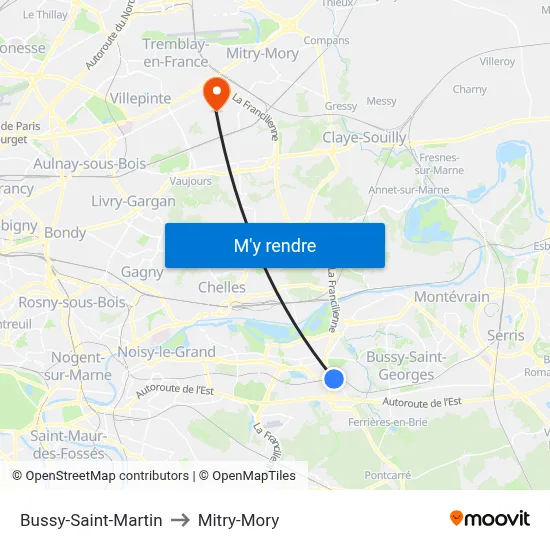 Bussy-Saint-Martin to Mitry-Mory map