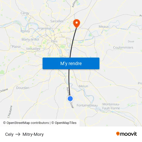 Cely to Mitry-Mory map