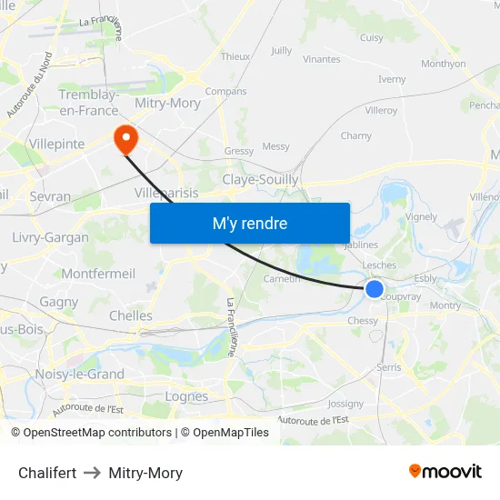 Chalifert to Mitry-Mory map